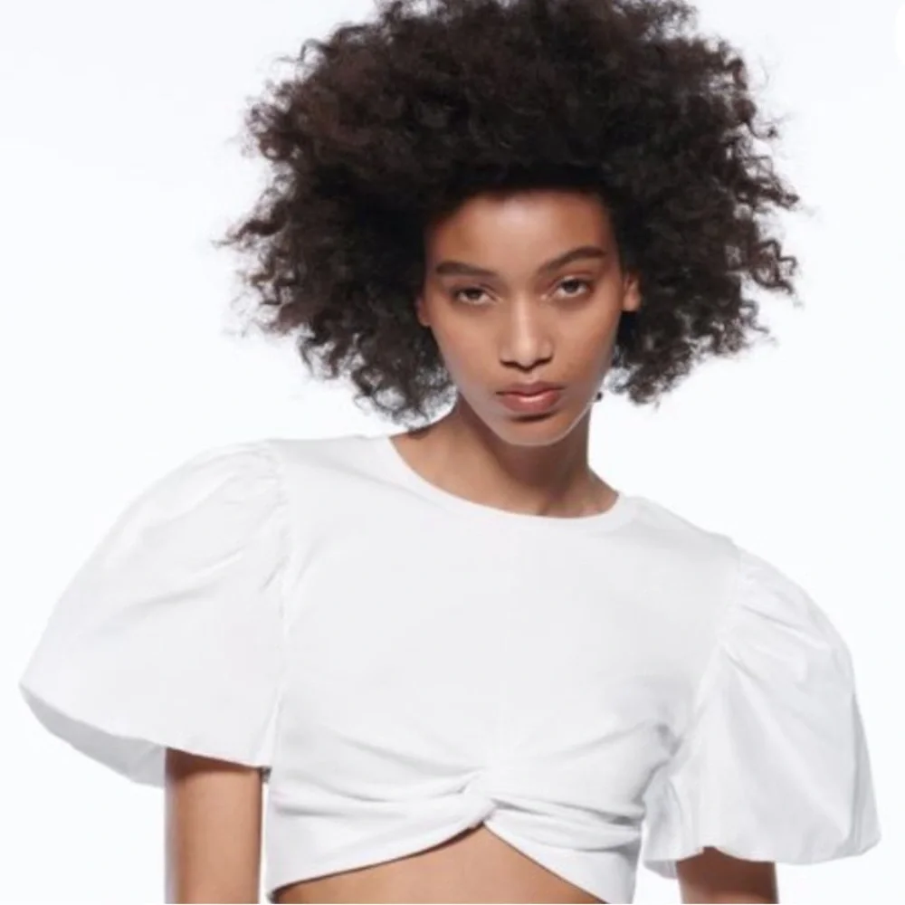 NWT Zara Cream Puff Sleeve Crop Top S - Picture 1 of 5